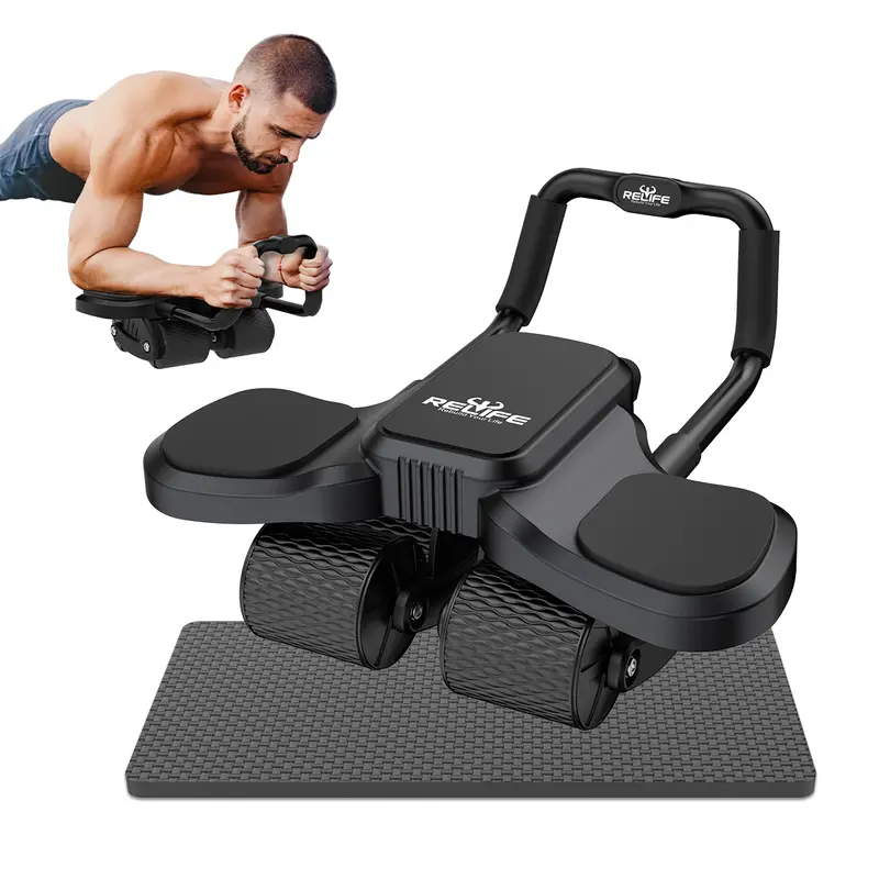 RELIFE 4-Wheel Automatic Rebound Ab Roller Wheel - Adjustable Foam Pads, Phone Holder, Quiet Design Adjustable Abs Trainer for Home Gym Equipment, Home Workout Gear, Abdominal & Tummy Exercise Equipment