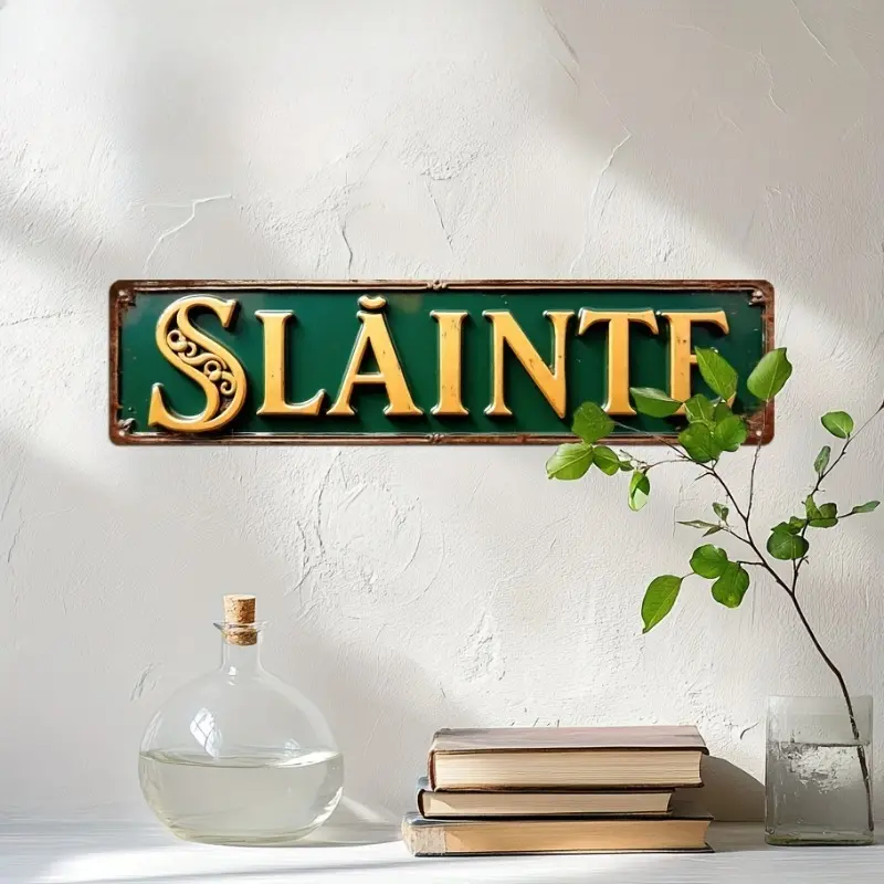 Vintage Slainte Metal Iron Sign - Rectangular 4x16in Green & Golden Home Supplies, Decorative Celtic Knot Rustic Wall Plaque for Pubs, Bars, Universal Home Accents, Slainte Sign