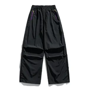 Men's wide leg Gorpcore parachute work pants, with knee pleats compared to purple zippered pockets, elastic compared to drawstring waistband, quick drying, lightweight outdoor tactical pants for hiking，Lightweight Outdoor Pants