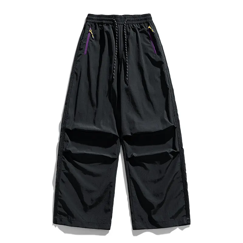 Men's wide leg Gorpcore parachute work pants, with knee pleats compared to purple zippered pockets, elastic compared to drawstring waistband, quick drying, lightweight outdoor tactical pants for hiking，Lightweight Outdoor Pants