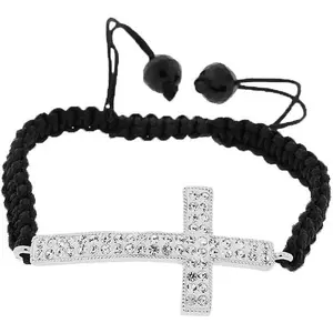 Fashion Alloy -Tone  White CZ Black Cord Macrame Beaded Adjustable Bracelet