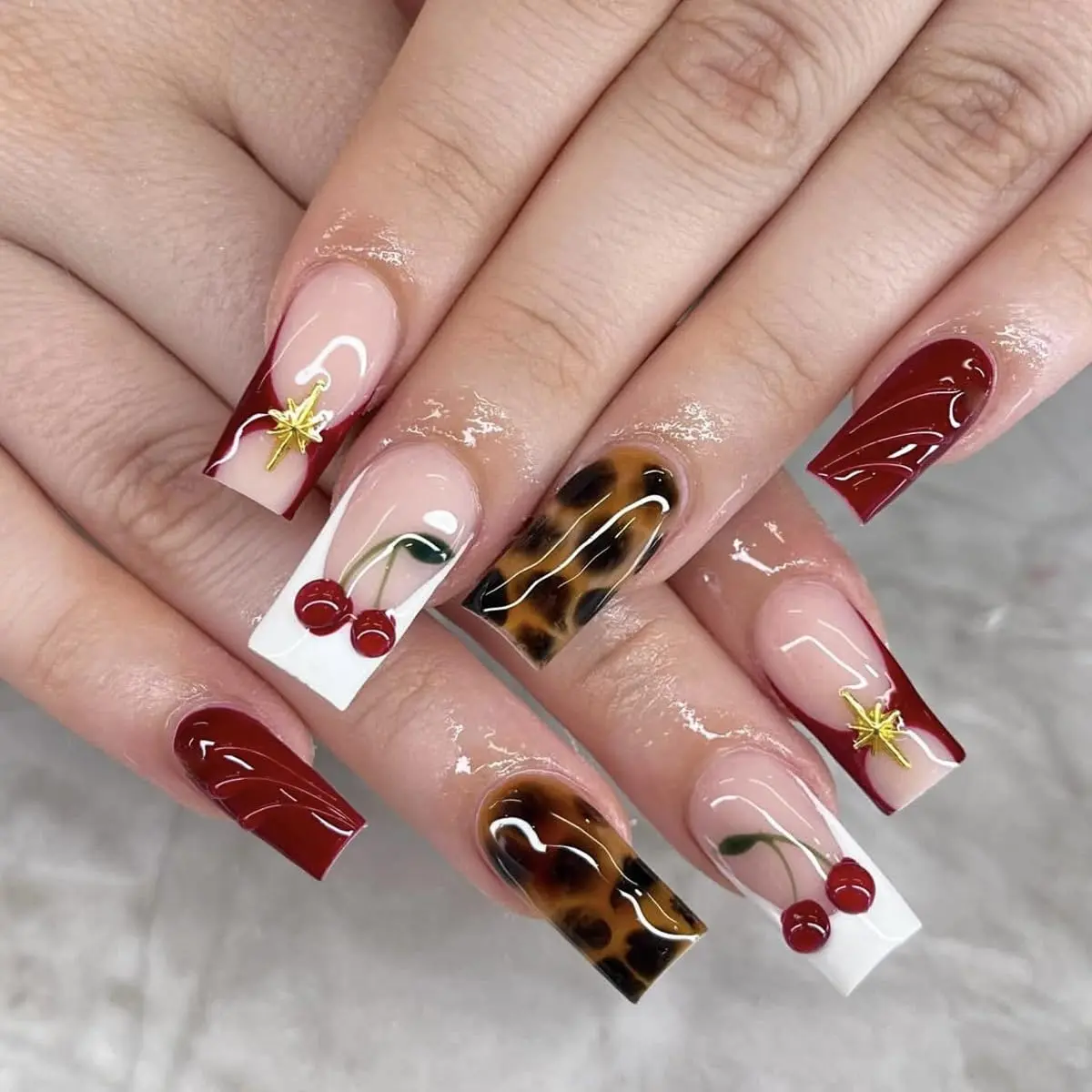 Women's Medium Square Press-on Nails, 24pcs Brown Leopard Print & Red 3D Cherry Artificial Acrylic Stick-on Nails for Party Use