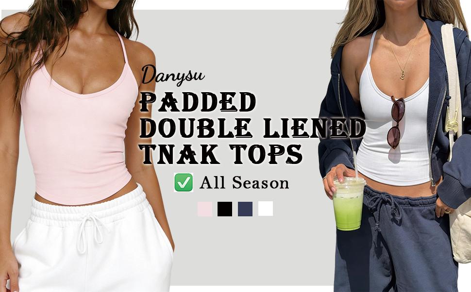 Danysu Double-Layer Padded Racerback Stretchy Crop Tank Tops V Neck Slim Fitted Tee Workout Gym Yoga Y2K Going Out Camisole Short