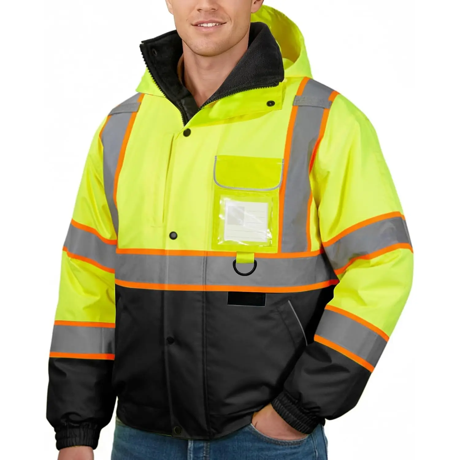 High Visibility Reflective Bomber Jacket 300D Oxford Polyester Fleece Lined Work Coat with 2 Inch Reflective Strips Pockets ID Holder D Ring