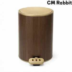 CM Rabbit Wood Grain Round Pedal Trash Can with Liner Retaining Ring, Foot Operated Lidded Odor Proof Waste Bin, Gold Trim Decor Garbage Bin for Bathroom Bedroom Kitchen Small Apartment