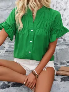 A women's bright green stand-collar short-sleeve chiffon blouse, Casual Comfy Top, featuring ruched details and ruffled sleeves. It has a loose and lightweight fit, perfect for casual summer occasions such as shopping, outings, or dates
