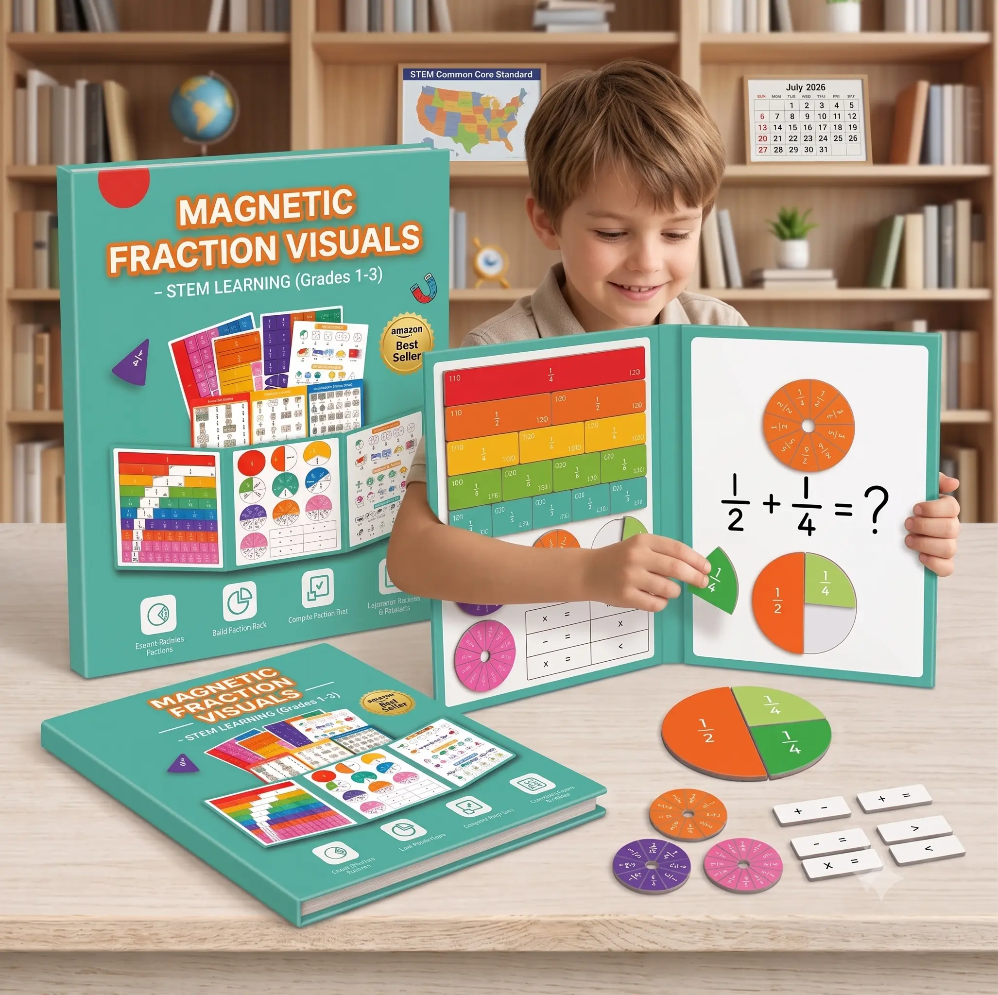 Magnetic Fraction Educational Book for Kids (Ages 3+) – Tri-Fold Board Book with Fraction Tiles & Dry-Erase Activity Card – Hands-On Math Manipulatives for Elementary School – Visual Learning Tool for Fractions, Addition & Subtraction