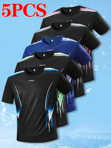 Pack of 5 – Men’s summer casual athletic T-shirts made from quick-dry, comfortable fabric; stretchy, breathable mesh short sleeves; gradient fashion print men’s fitness training short-sleeve T-shirt suitable for sports, outdoor activities, and casual wear