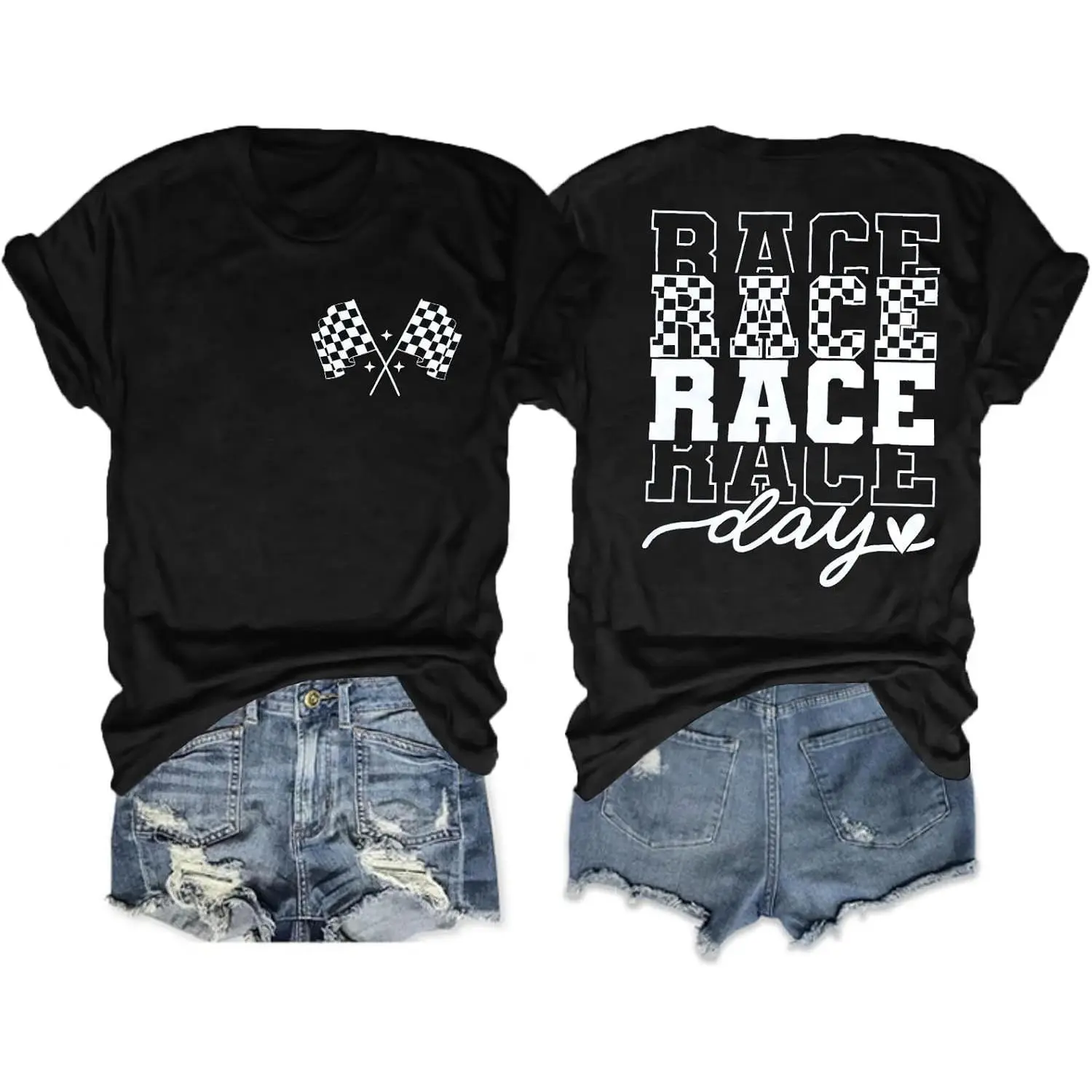 Unisex 100% Cotton Printed Craft Short Sleeve Tee, Soft Breathable Relaxed Fit Crew Neck Top, Checkered Flag Race Day Stacked Letter Front Back Graphic Daily Racing Wear, Universal Summer Outfits, Motorsport Fan Leisure Shirt, SummerVibes