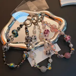 Plush Leopard Print Iridescent Beaded Chain, Mobile Phone Chain for Phone/Headphone Cases, Phone Charm, Sweet & Cool Style Removable Lanyard, Multiple Colors