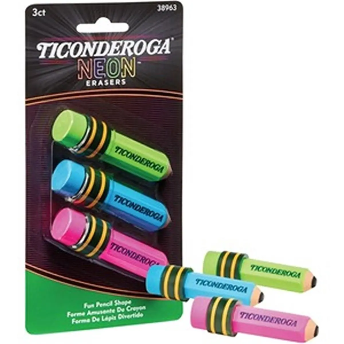 Ticonderoga-Style Pencil-Shape Eraser (DIXX38963) - Pack of 3, Office Stationery, Smudge-Free, Clean Erasing, No Minimal Residue, Latex-Free, Back to School Haul Ready, Unisex, Assorted Colors, Home Use, All Ages Writing Correction Tool
