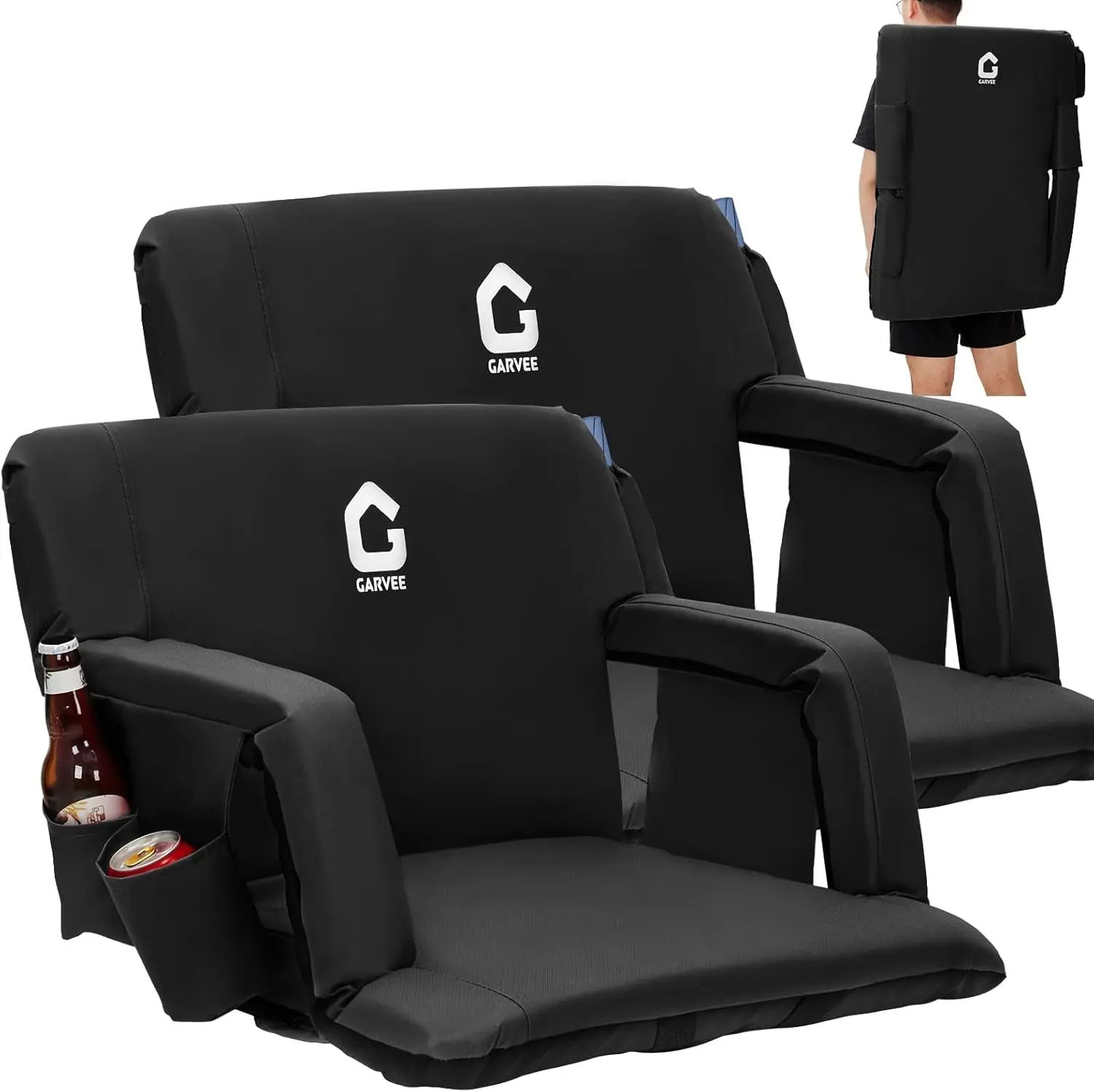 Reclining Stadium Chair 2 Pack, Bleacher Chair with Back Support, 6 Adjustable Angles, Armrests and Cup Holders, Anti-Slip Mat & Large Pockets, Portable Padded Bleacher Chairs for Events