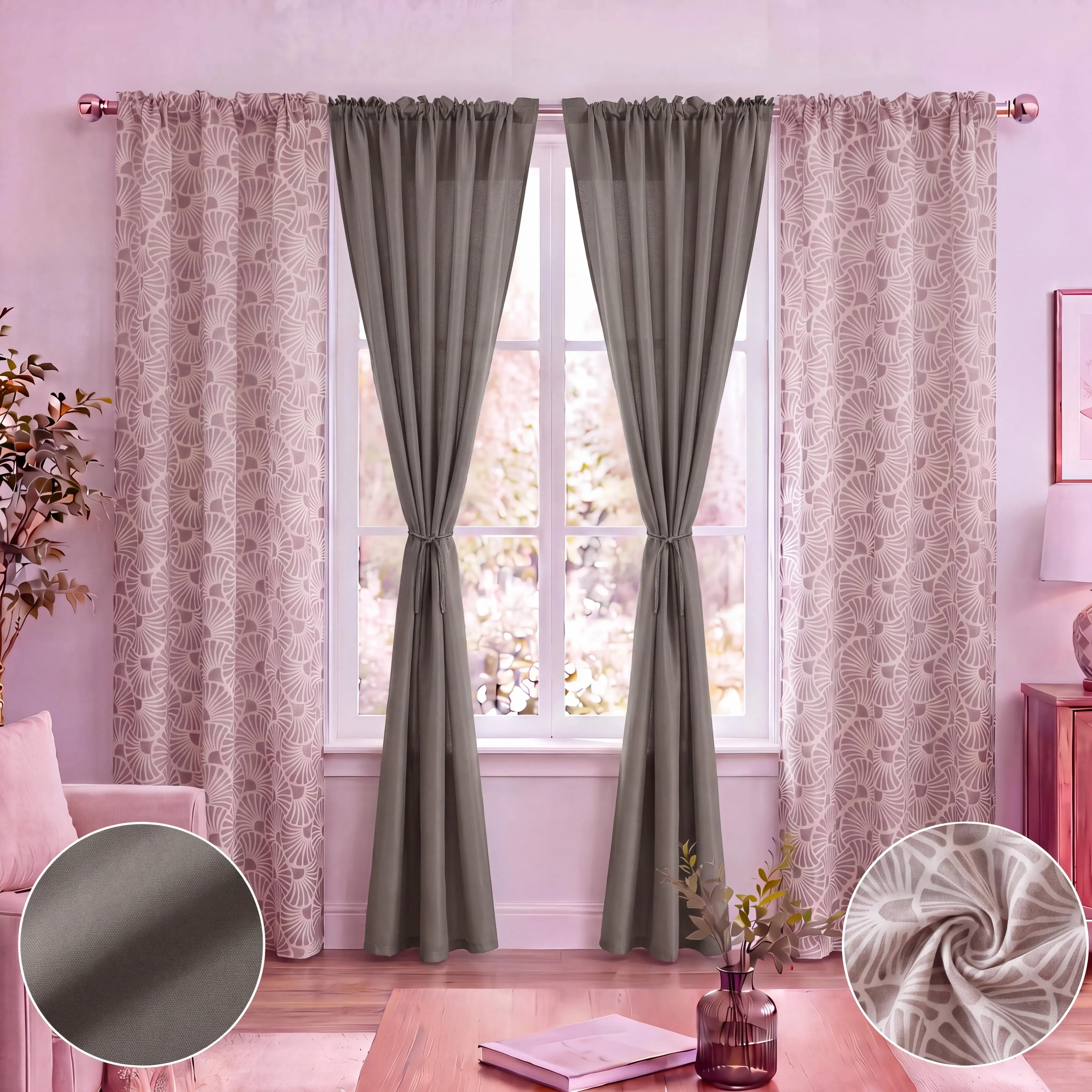 8-Panel Pole-Style Rod Pocket Curtains Combo: 4 Printed Heavy Bamboo Drapes & 4 Solid Oxford Stretch Drapes, 52x84 in Breathable Modern Indoor Decor for Living Room, Bedroom, FT5502 A018 (Print+Solid Mix)