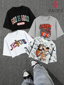 Women's Letter & Heart Print Crop Tee, Casual Fashion Short Sleeve Round Neck T-shirt for Daily Wear, Ladies Clothes for All Seasons, Top