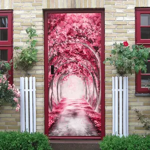 2pcs Romantic Pink Flower Tree Tunnel Wall Sticker Self Adhesive Removable Landscape Wallpaper Decal for Living Room Bedroom Entrance Corridor Home Decor Art Mural Collage Self-Adhesive Door Sticker