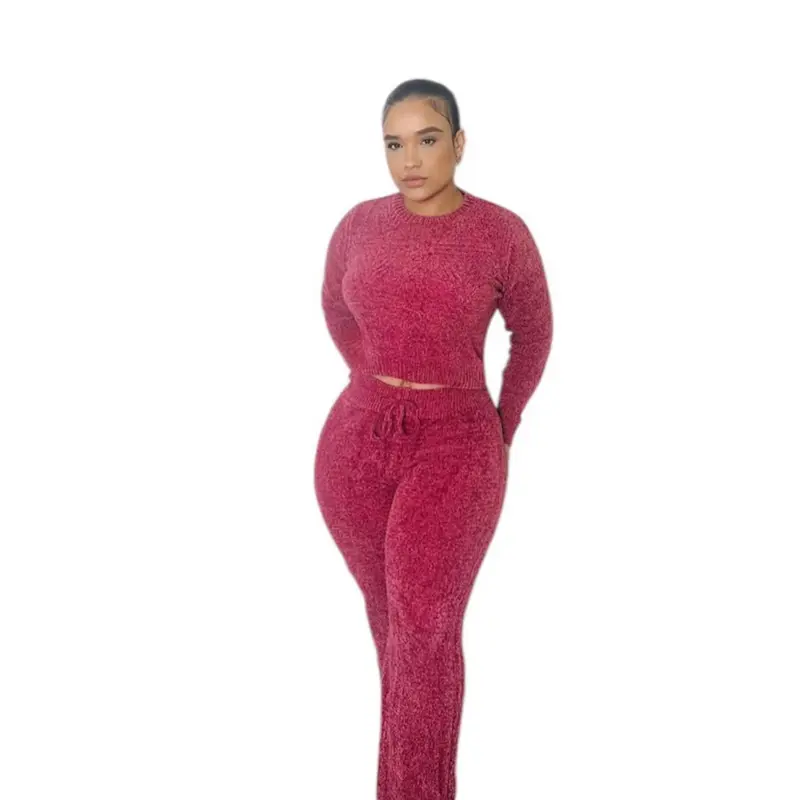 Cozy Winter Two Piece Lounge Comfy Outfits in Rich Burgundy - Soft Chenille Fabric & Matching Top & Pants Set Loungewear Womenswear