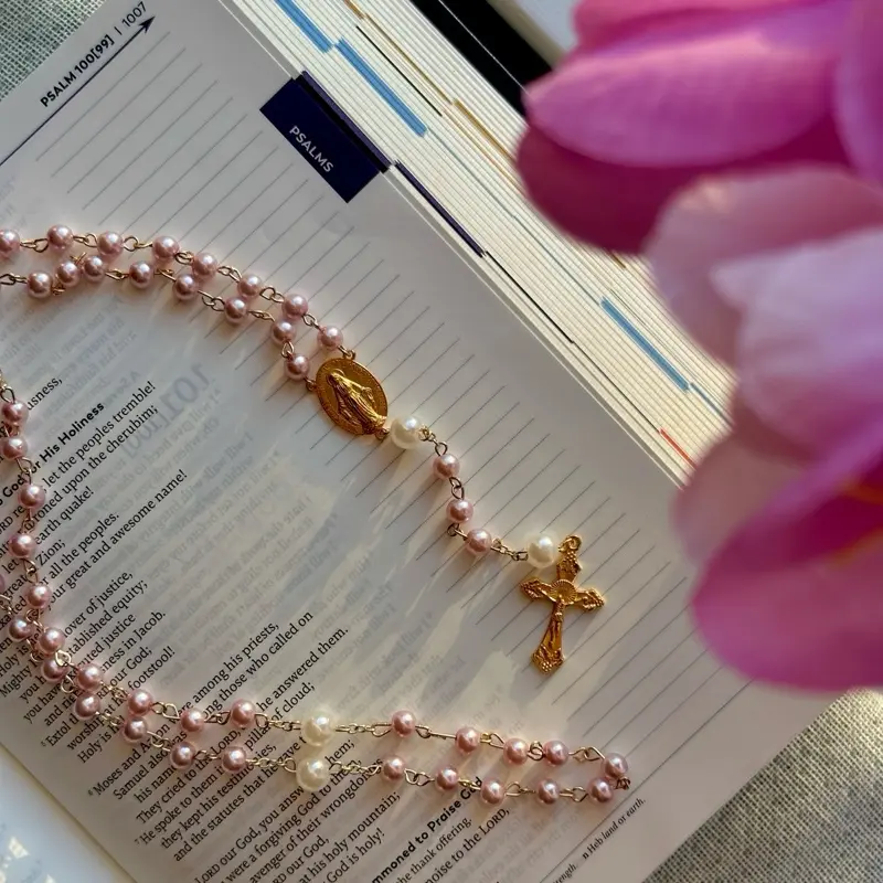 Pink Pearl Rosary with Gold Cross and Virgin Mary Medal for Catholic Devotion Handmade Graceful Symbol of Peace Faith and Hope