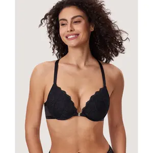DOBREVA Women's Push Up Bra Racerback Front Closure Bras Lace Padded Underwire Plunge Floral