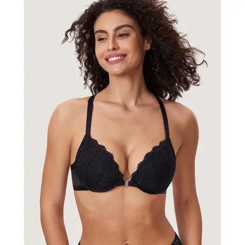 DOBREVA Women's Push Up Bra Racerback Front Closure Bras Lace Padded Underwire Plunge Floral
