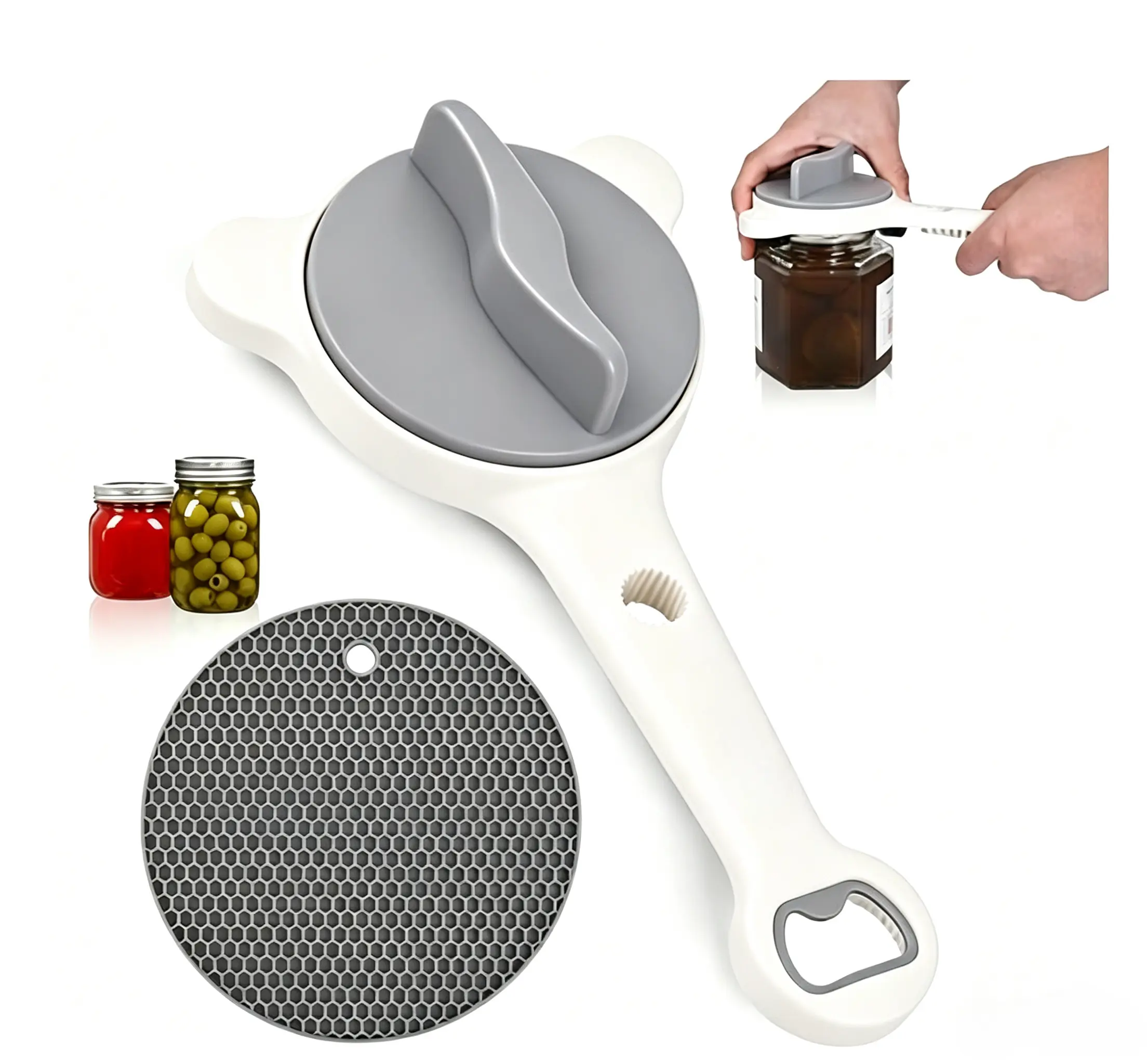 Adjustable 4-in-1 Jar Opener for Seniors Arthritis Weak Hands, Multi Size Bottle Can Opener with Non Slip Silicone Pad, Labor Saving Kitchen Lid Opener for Pickle Jars Soda Wine