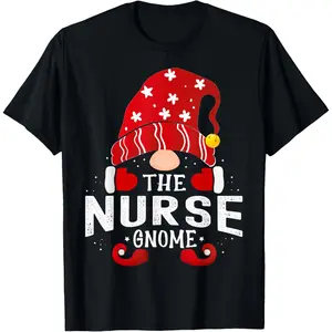 Nurse Gnome Matching Christmas PJS For Family T-Shirt, 100% Cotton, Single Side Printed, Black Short Sleeve T-shirt, 1 pc, Christmas Halloween Thanksgiving Gift