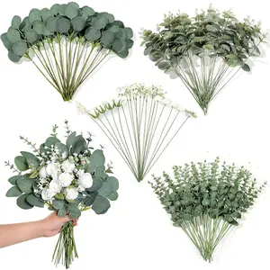 110 Pcs 7 Kinds Mixed Silk Artificial Eucalyptus Stems, Faux Flowers & Berry Branches - Real Touch Silver Dollar Eucalyptus Leaves Bulk for DIY Bouquets, Wedding Decoration & Home Ornaments