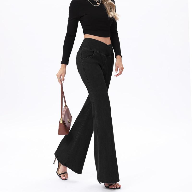Bell Bottom Jeans for Women High Waisted Stretchy Flare Jeans Pull On Wide Leg Jean Woman V Cross Flare Leggings Pants