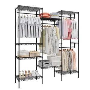 Garvee Portable Heavy Duty Clothes Rack, Freestanding Closet Wardrobe with 4 Hang Rods & 8 Shelves, Black Metal Frame Bedroom Armoires Racks, Max Load 890LBS Adjustable Closet Rack Clothing Racks