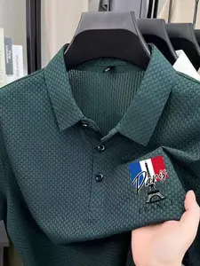 Men's Paris Eiffel Tower Print Polo Shirt, Lightweight Smooth Fabric, Geometric Pattern, Business Casual, Slim Fit