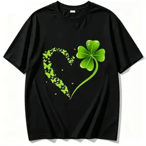 Lucky Four Leaf Clover Butterfly Heart T-Shirt, 100% Cotton St. Patrick's Day Aesthetic Graphic Tee