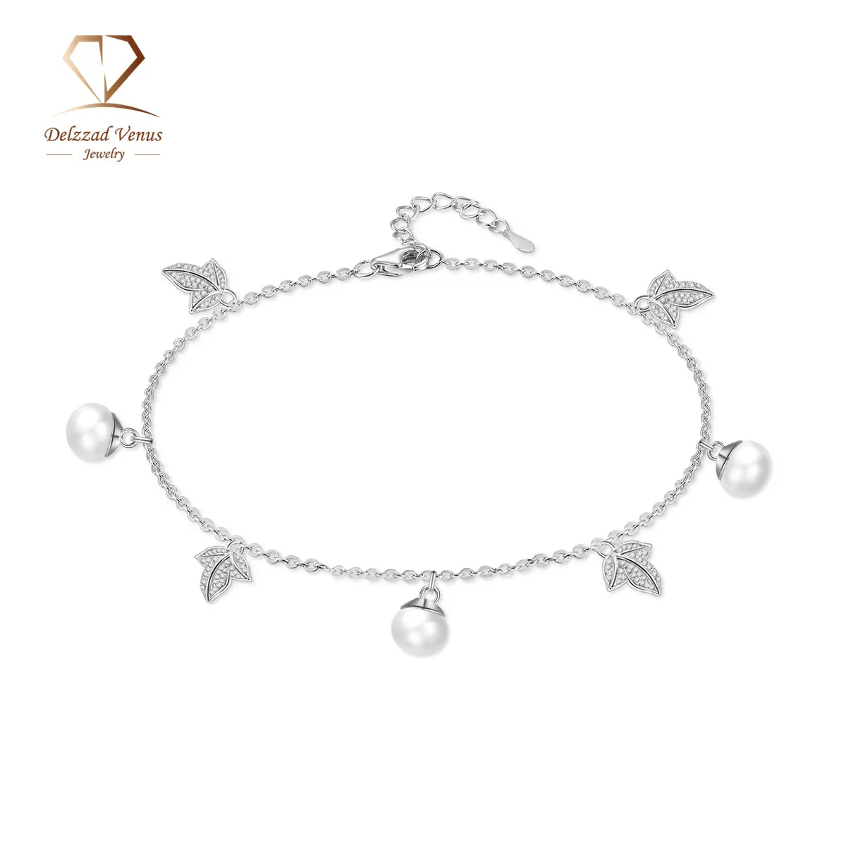 Delzzad 0.6ct Lunar Leaf Trail Anklet Pearl Bloom Anklet Chain Adjustable Anklet Synthetic Moissanite Anklet Jewelry Copper Chain Perfect Birthday Engagement Wedding Anniversary Christmas Valentine's Day Gifts
