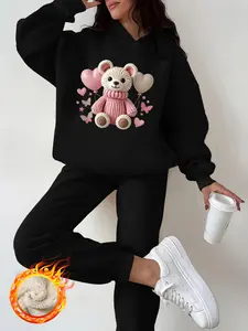 Women's Hooded Sweatshirt Set, Cute Bear Print, Thick Fleece Lined Pants, Casual Fall & Winter, Two-Piece Loose Jogger Outfit