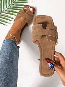 Women's Spring Summer Casual Slip-On Sandals, Comfortable Flat Sole Shoes, Outdoor & Beach Wear, Elegant Minimalist Sandals, Simple Square Toe Design, Low Heel, Casual Footwear