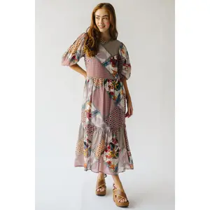 The Waycross Patterned Midi Dress in Tan Multi