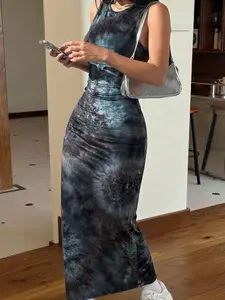 Chic Tie-Dye Tank Maxi Dress for Women, Stretchy Knit Fabric, Casual Slim Fit, Night Out Style