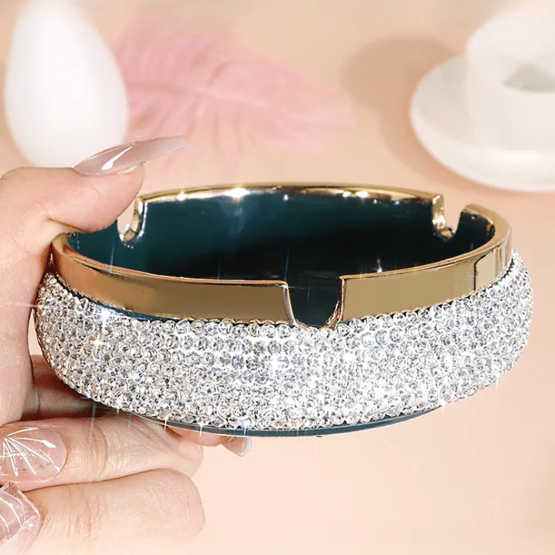 1pc Cordless Round Rhinestone-Embellished Glam Ceramic Ashtray - Green & Golden Edges, High-Capacity Home Supplies for Decorative Room, Home Office Centerpiece