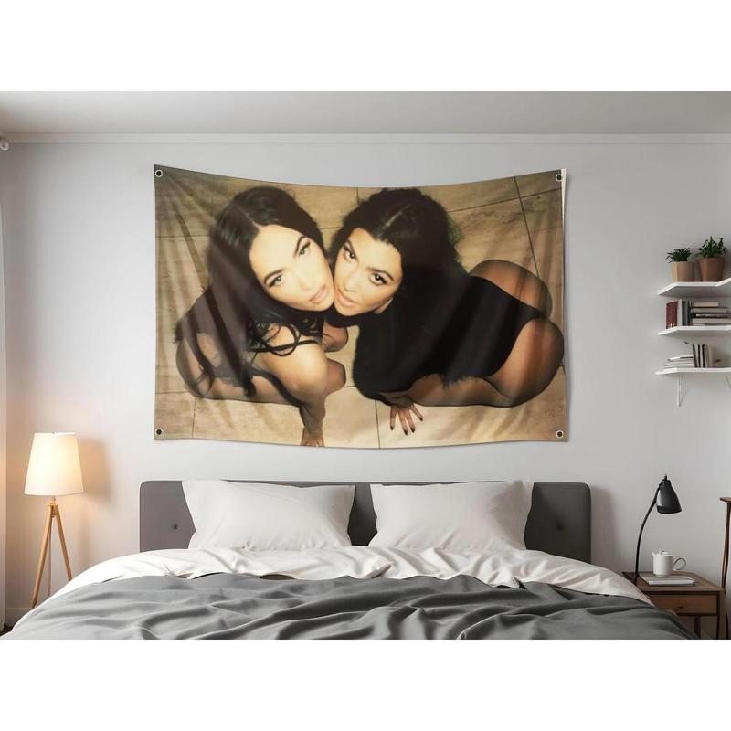 Kourtney Kardashian and Megan Fox Flag Tapestry, Alternative Aesthetic Wall Banner, Y2K Rockstar Girl Room Decor, Bold Attitude Poster