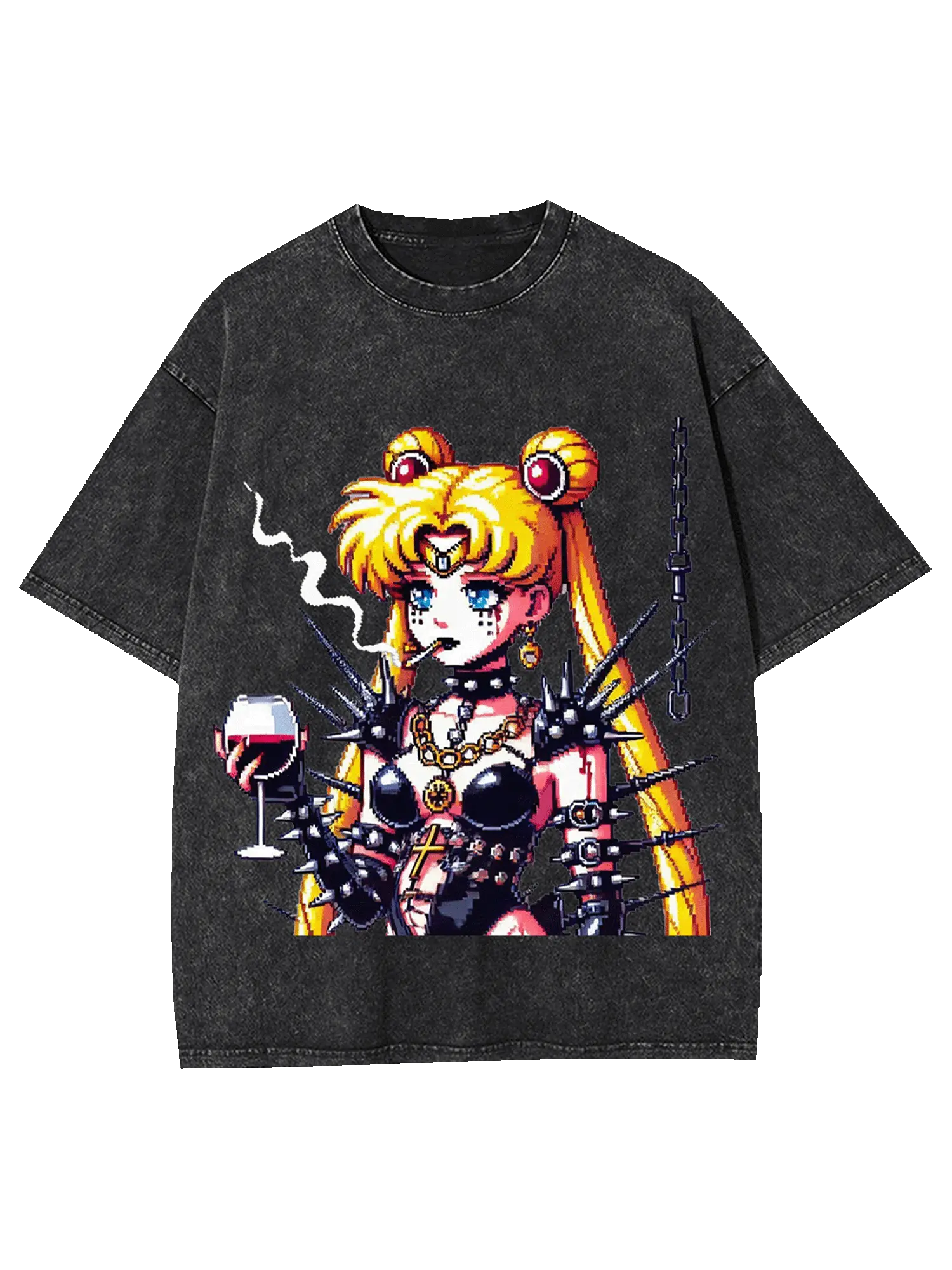 Goth Punk Sailor Moon Pixel Art Vintage T-Shirt, Smoking Wine