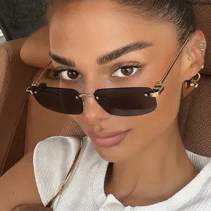Rimless Rectangle Sunglasses for Women Men | UV400 Protection Trendy Gold Metal Frame Sunglasses, Vintage Y2K Frameless Shades for Daily Wear Travel Photoshoot