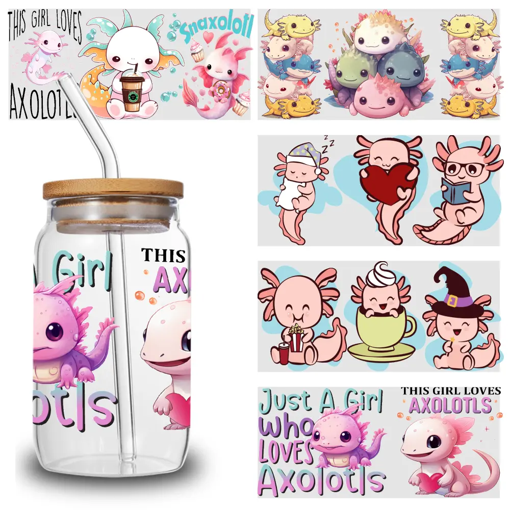 5 Sheets Cute Axolotls UV  Stickers Faithful Symbols Plastic Glass Heart Cups Decoration Peonies film    dtf heat Waterproof Transfer transfer sticker Bear Iron-On Wrap Mug
