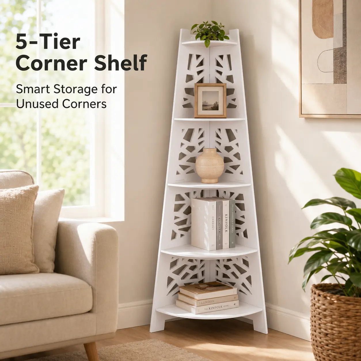 5-Tier White Vertical Corner Storage Rack, Floor-Standing Shelving Unit, Multifunctional Plant and Storage Rack for Home, Office, Balcony, and Study Organization