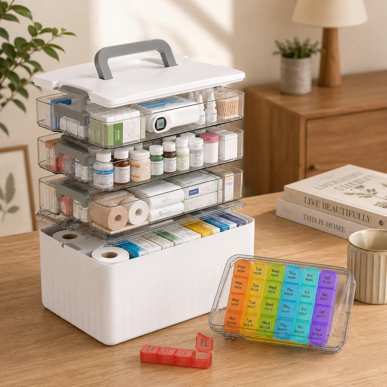 Lifewit Medicine Cabinet Organizer with Handle, Fits 7.1" Bottles, Extra Tall Storage Box for First Aid, Medicine, Vitamins & Bathroom Essentials