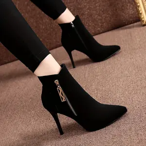 Comfortable Elegant Black Pointed Toe Stiletto Ankle Boots - High-Heel Dress Booties with Side Zip Closure, Flannel Upper for Parties, Weddings, and Everyday Wear - Fall Season