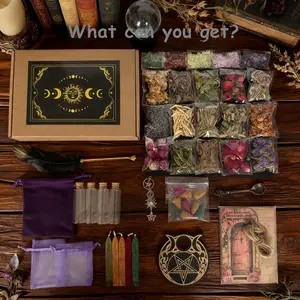 Beginner Witchcraft Magic Set with DIY Wish Bottle Supplies, Complete Altar Kit with Crystals, Herbs & Ritual Tools, Perfect Gift for Halloween, Christmas, Lovers, Friends & Family