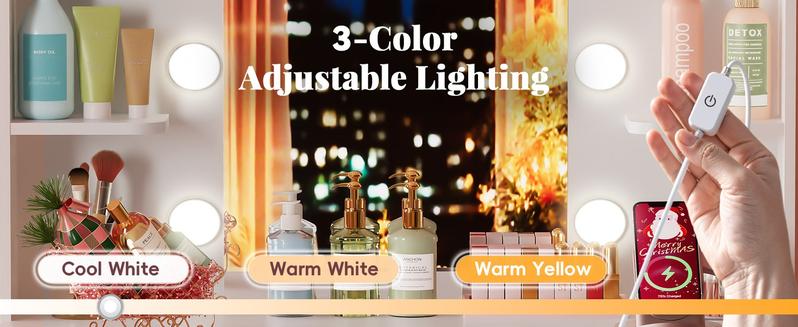 Furmax Vanity Desk with Mirror and LED Light Bulb, Small Makeup Vanity Table with Drawers, Dressing Table with Power Outlet and Hair Drayer Holder for Bedroom