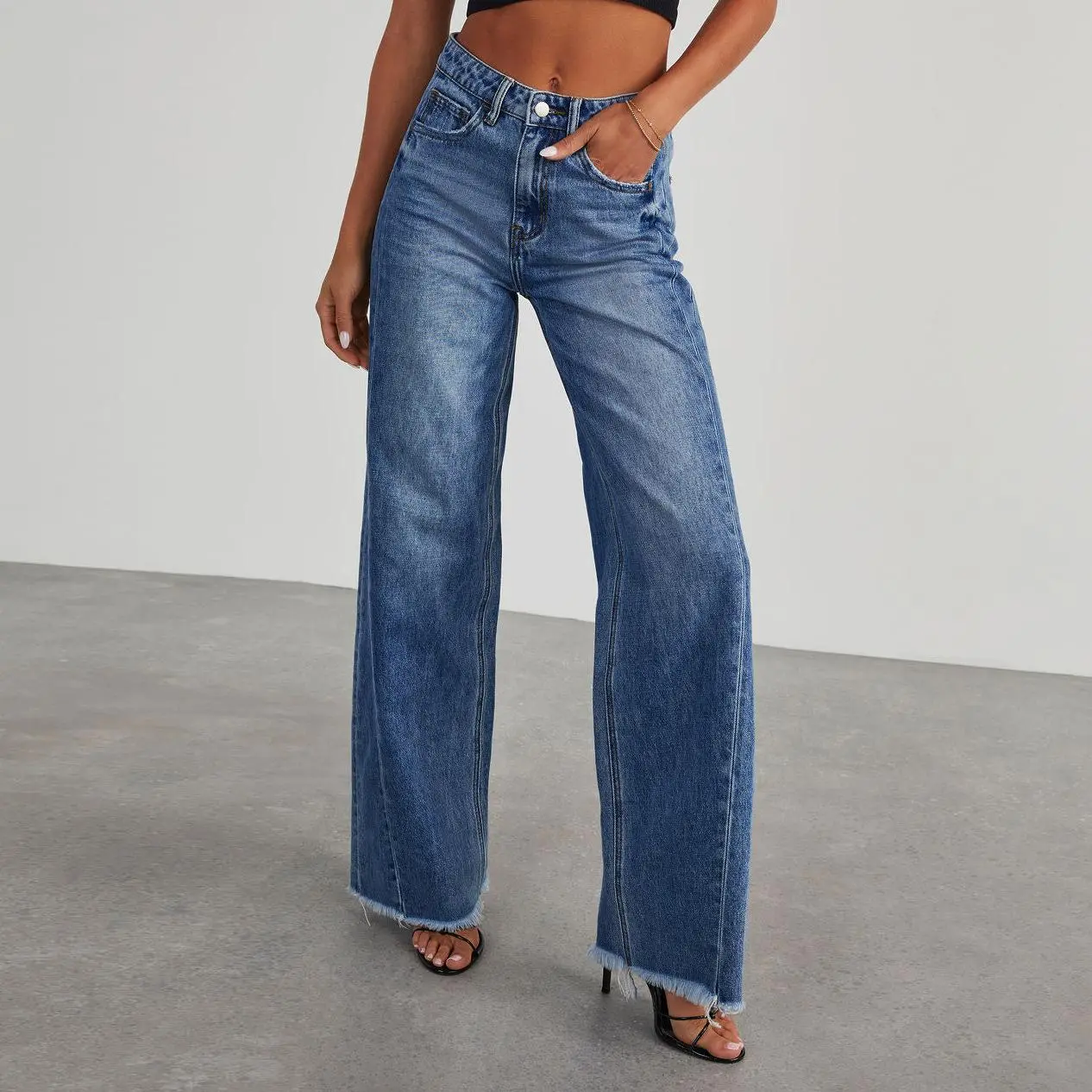 Maomous Lady's Basic Washed Straight Wide Leg Jeans - Women's Comfortable Loose Fit Casual Streetwear Bottom Trousers with Button Closure and Pockets