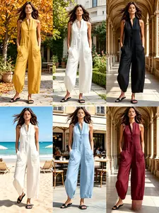 2026 European and American Women's Wear Amazon Independent Site Casual Women's Sleeveless Stand Collar Jumpsuits with Pockets for Independent Stores,summervibes