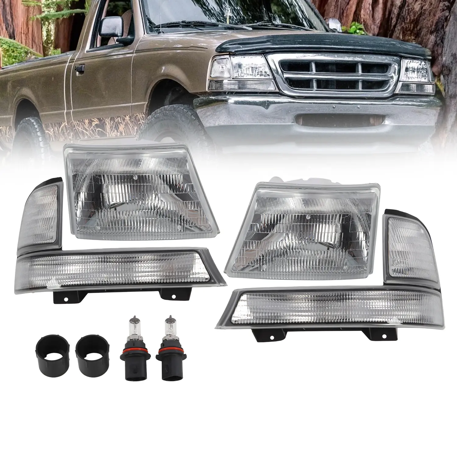 Nakkaa Halogen Diamond Headlight Set with Turn Signals for 1998-2000 Ford Ranger - 1 Pair (2 Pcs, Left & Right), White & Black Background, White & Yellow Components, ABS Plastic, Screw Mount, Lightweight, High-Quality Replacement