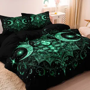 3pcs Set Black Background Green Moon Goddess Duvet Cover, Gothic Celestial Mandala Bedding, Occult‑Style Bed Linen for Home Bedroom, Dormitory & Hotel Use (1 Duvet Cover + 2 Pillowcases, No Comforter, No Pillow)