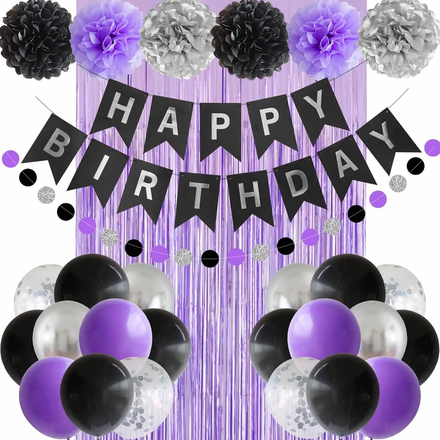 Black Purple Silver Happy Birthday Party Decorations Women Men